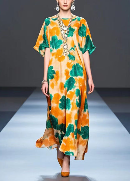 Orange Oversized Print Silk Party Dress Summer