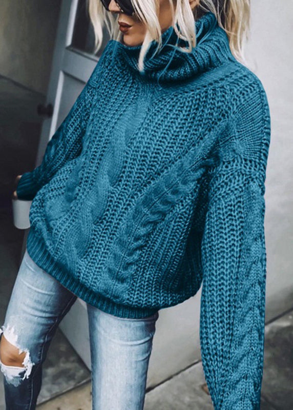 Blue Turtleneck Thick Cable Knit Sweaters Spring