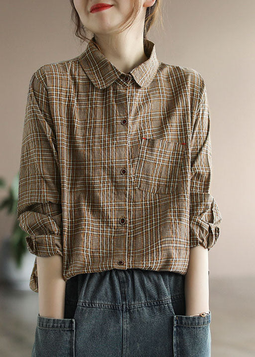 Chocolate Plaid Cotton Shirt Tops Pocket Long Sleeve
