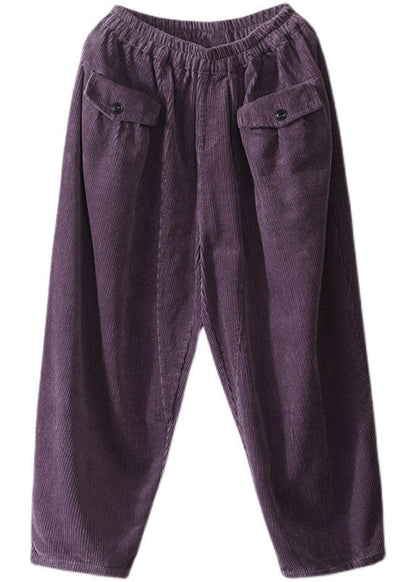 Natural Purple Retro Pockets Corduroy Fall Pants