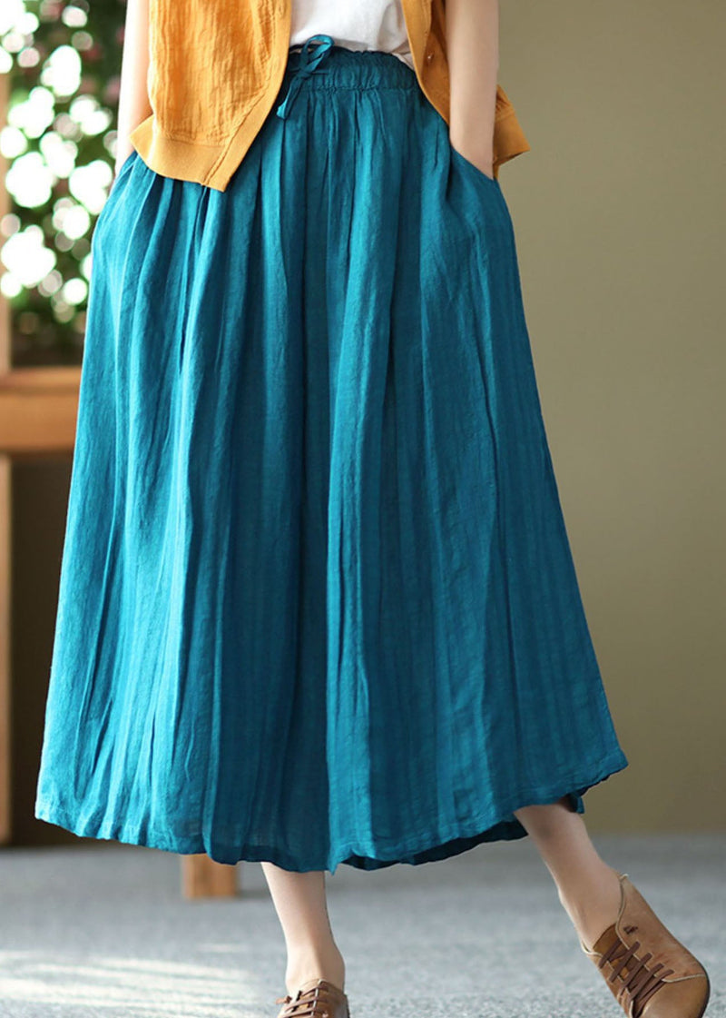 Blue Exra Large Hem Linen Skirts Drawstring Wrinkled Summer