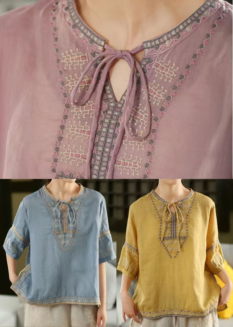 Purple Embroidered Linen Shirt Top Summer