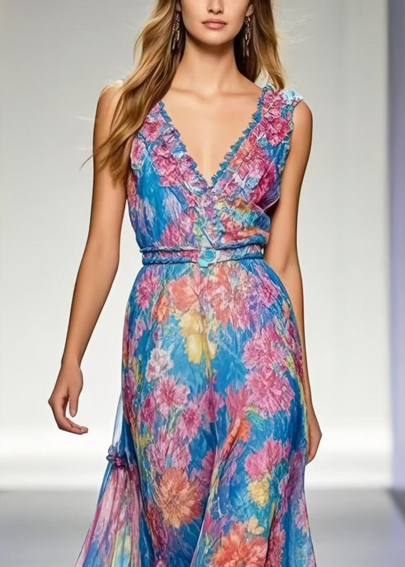 Organic Blue Print Chiffon Beach Sundresses Sleeveless