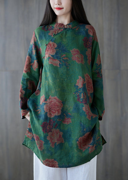 Green Button Print Linen Mid Dress Long Sleeve