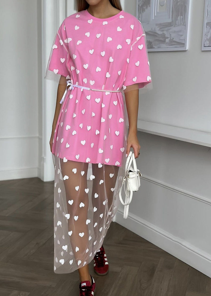 Pink O Neck Heart Patchwork Tulle T Shirt Dress Summer