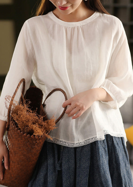 Yellow O Neck Patchwork Linen Blouse Top Summer