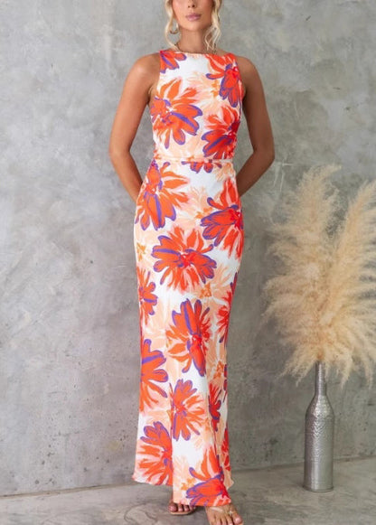 French Blue Backless Print Cotton Long Dress Sleeveless