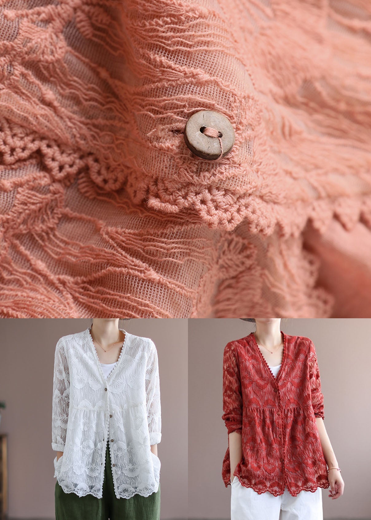 White V Neck Embroidered Lace Cardigans Tops Spring