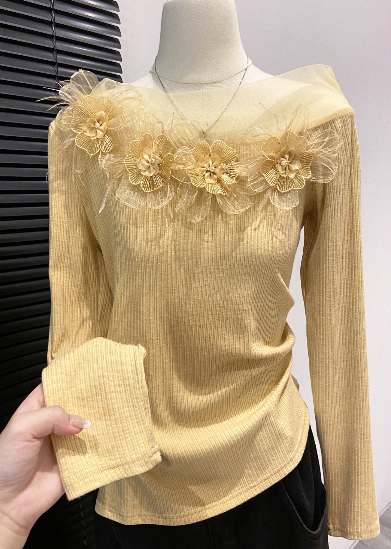 Diy Yellow Cold Shoulder Decorated Cotton Shirts Fall