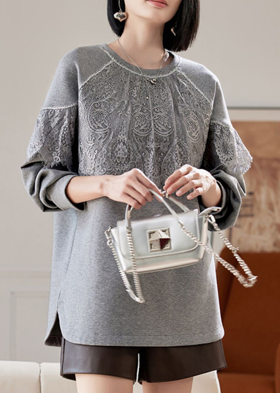 Grey O Neck Lace Patchwork Cotton Sweatshirts Spring