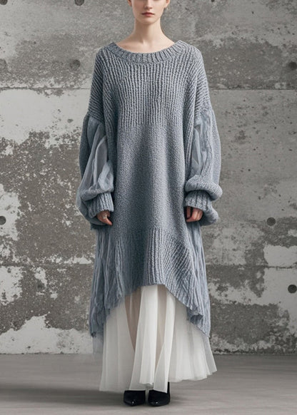 Grey Oversized Patchwork Tulle Long Knit Dress Winter
