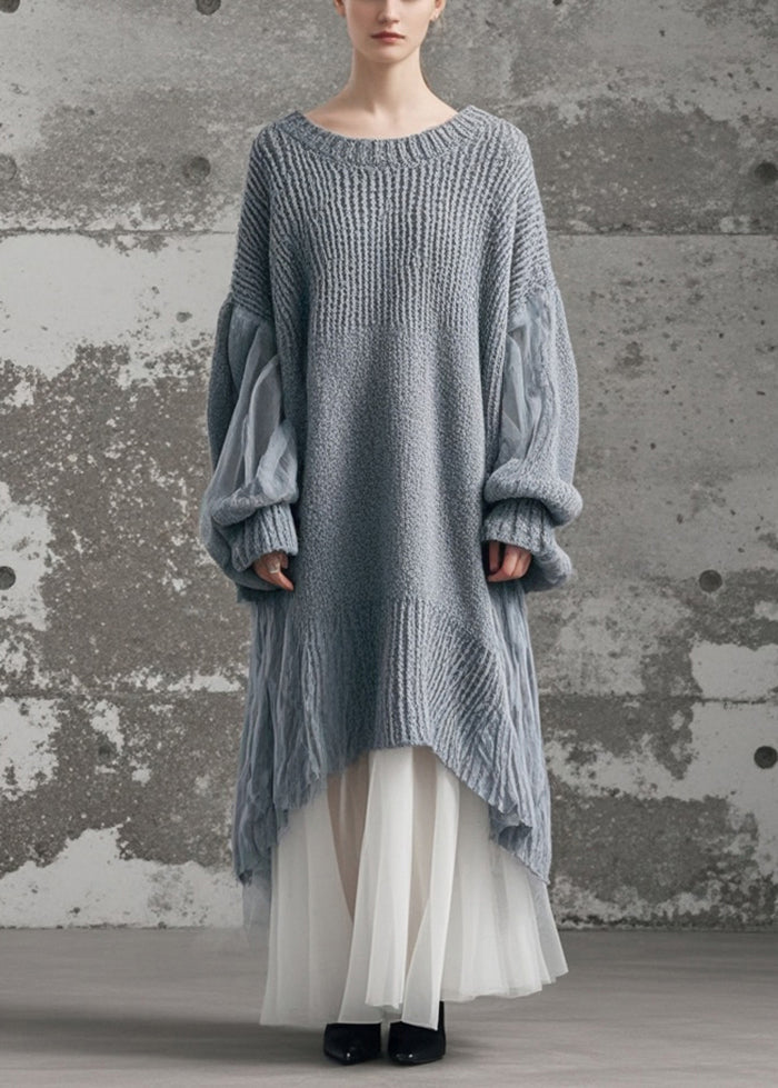 Grey Oversized Patchwork Tulle Long Knit Dress Winter