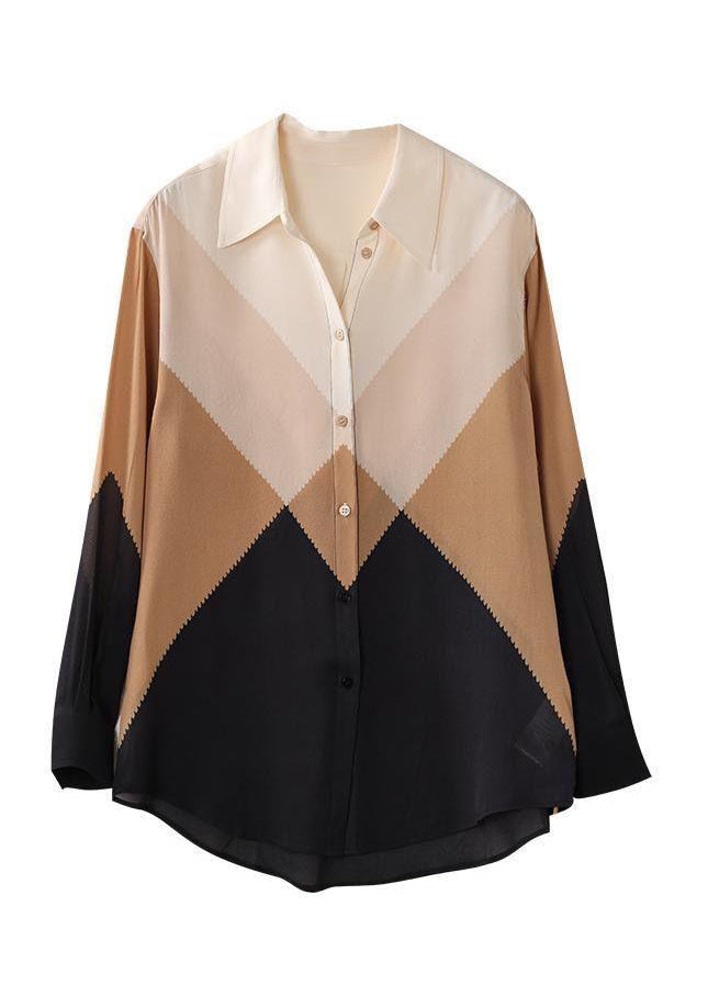 Colorblock Peter Pan Collar Button Chiffon Blouses Spring