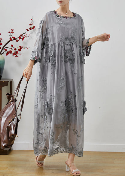 Grey Embroidered Silk Party Dress Fall