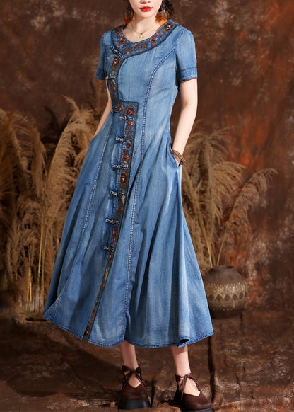 Handmade Light Blue O-neck Asymmetrical Embroidered Button Maxi Denim Dresses Summer
