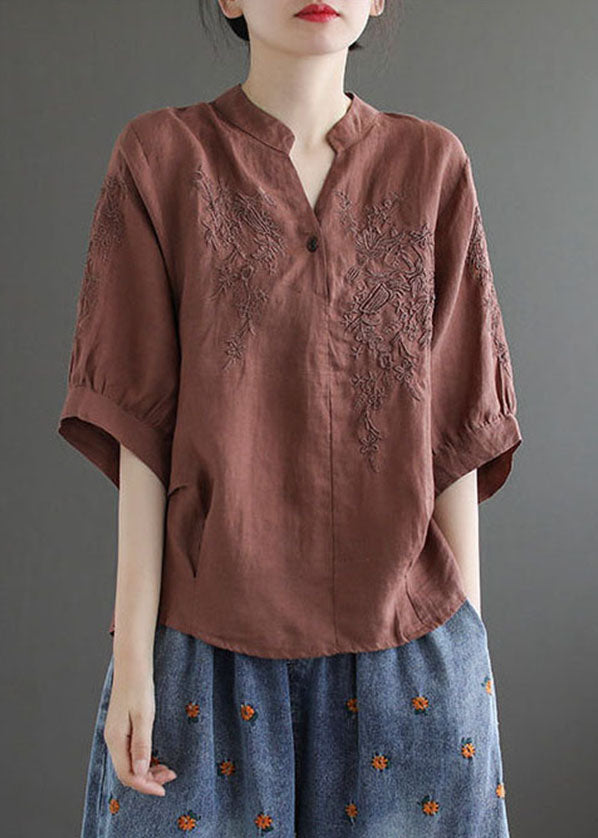 Chocolate V Neck Embroidered Wrinkled Linen Blouse Top Lantern Sleeve