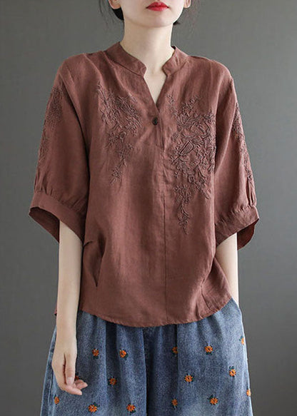 Chocolate V Neck Embroidered Wrinkled Linen Blouse Top Lantern Sleeve