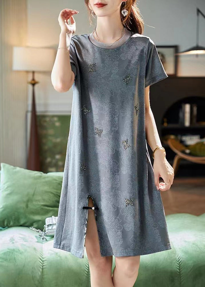 Grey O Neck Zircon Jacquard Side Open Silk Dresses Summer