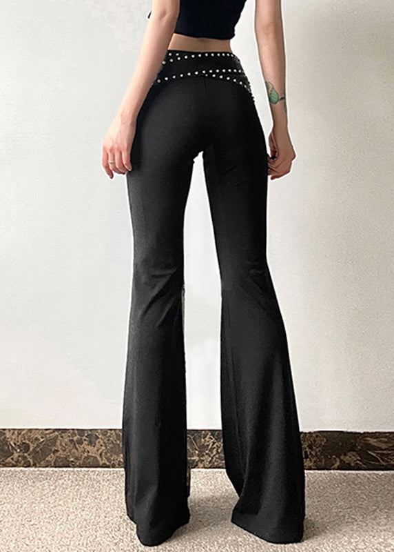 Stylish Black Asymmetrical Rivet Sashes Flared Pants Summer