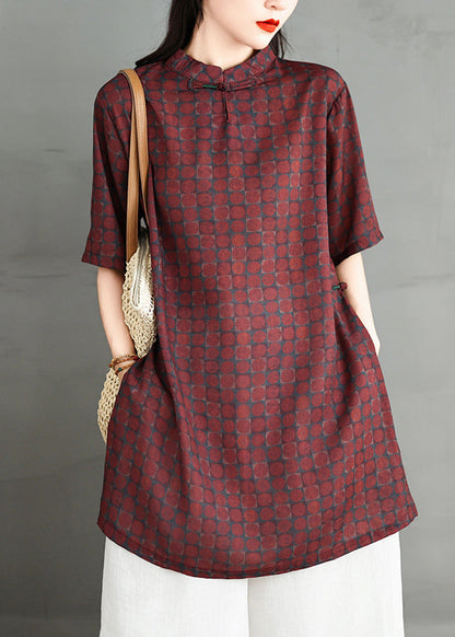 Red Stand Collar Print Side Open Cotton Dress Summer