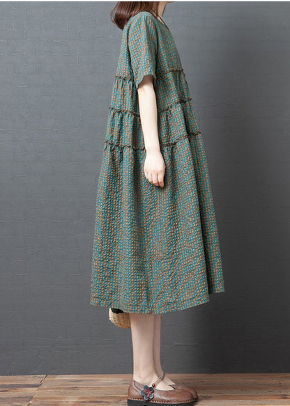 Green Plaid O-neck Wrinkled Patchwork Linen Party Dress Short Sleeve