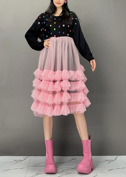 White O-neck Sequins Knit Patchwork Tulle Maxi Cake Dress Fall