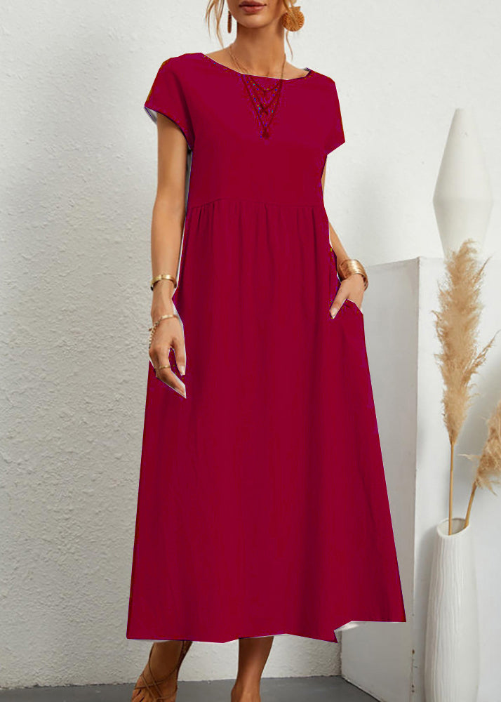 Loose Wine Red O Neck Pockets Cotton Long Dresses Summer