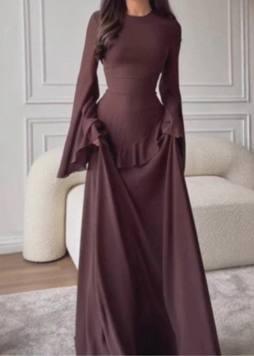 Classy Coffee O Neck Ruffled Cotton Maxi Dress Flare Sleeve