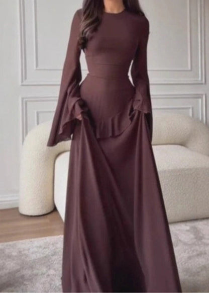 Classy Coffee O Neck Ruffled Cotton Maxi Dress Flare Sleeve