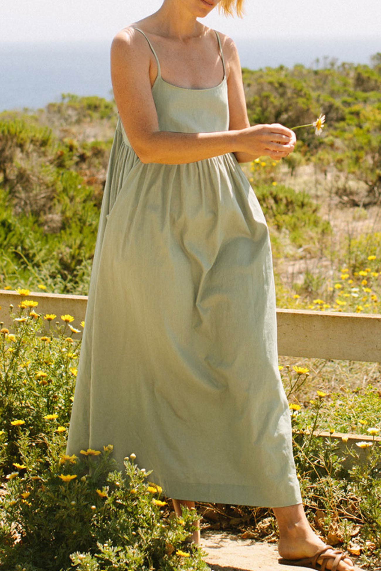 Button-back Pocketed Cotton Cami Dress