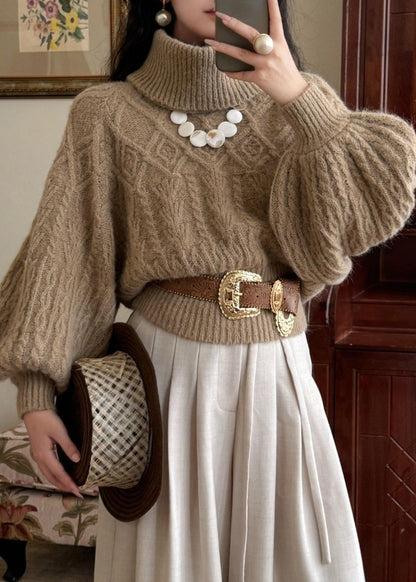 Khaki Turtleneck Thick Cable Cotton Knit Sweaters Puff Sleeve