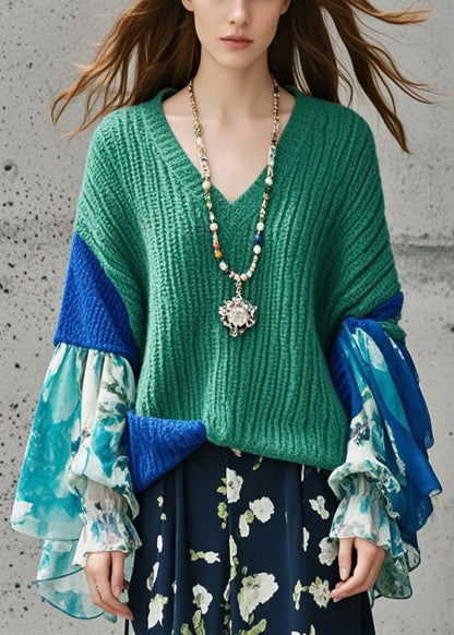 Tea Green V Neck Patchwork Print Sweater Tops Fall