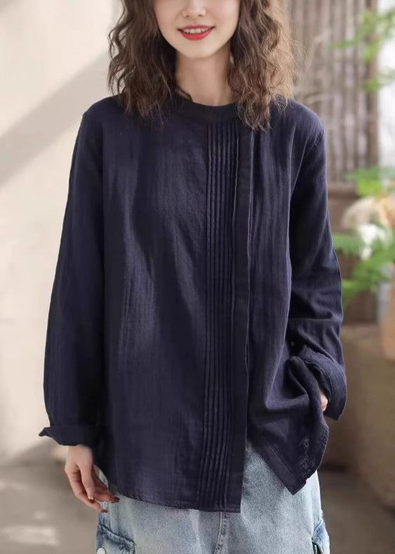 Loose Khaki Stand Collar Wrinkled Cotton Shirts Top Spring