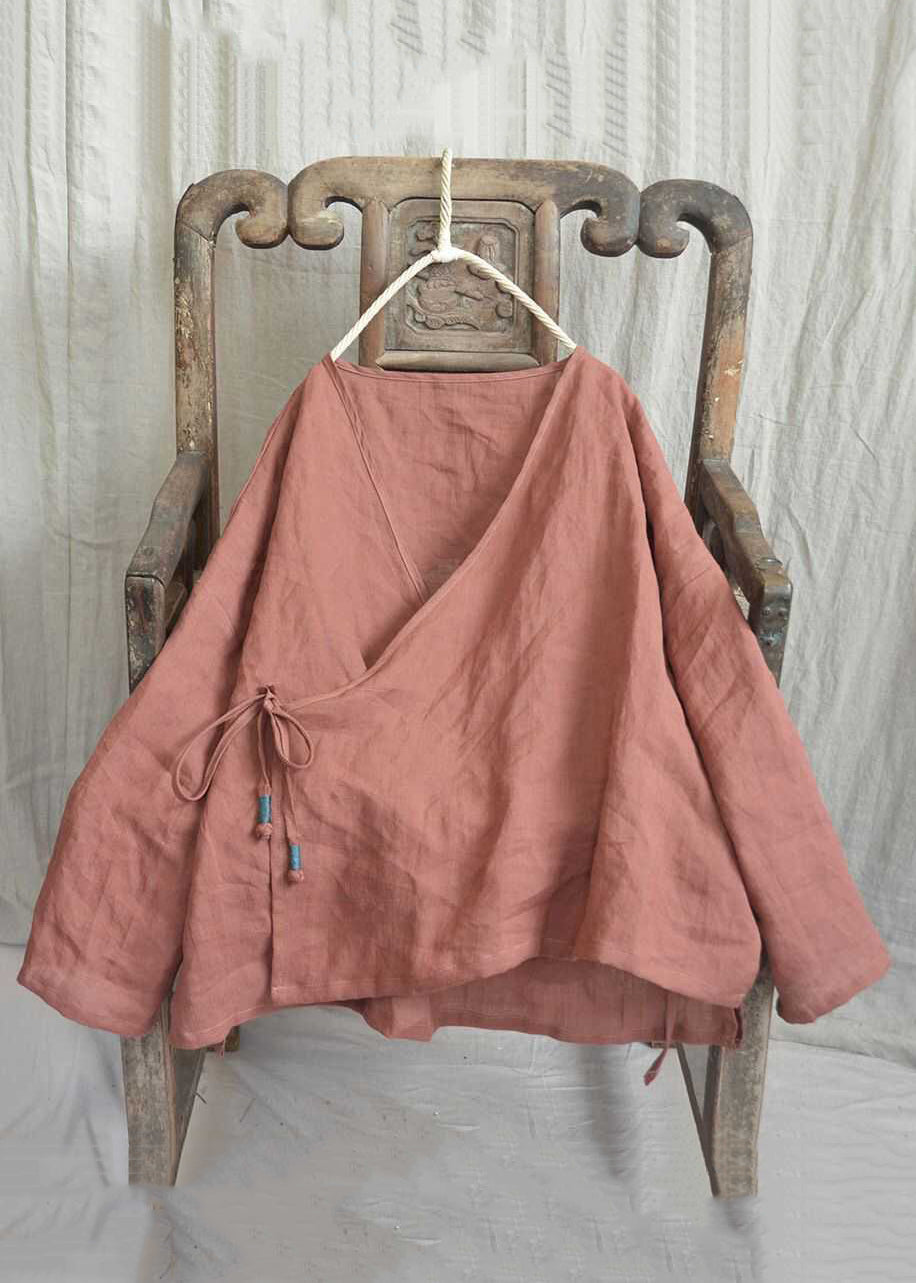 Loose Yellow V Neck Lace Up Linen Shirts Long Sleeve