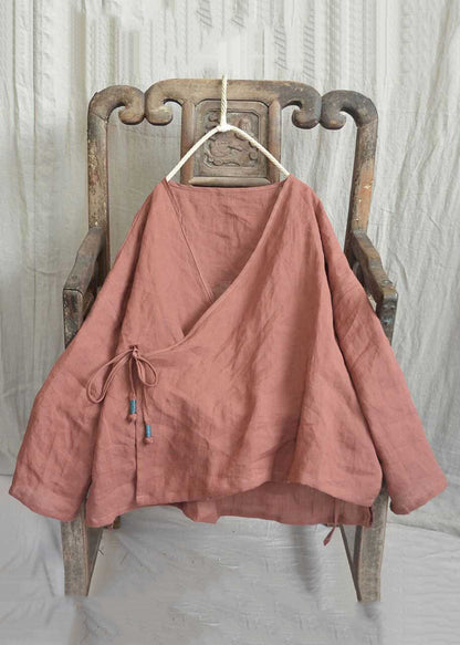 Loose Yellow V Neck Lace Up Linen Shirts Long Sleeve