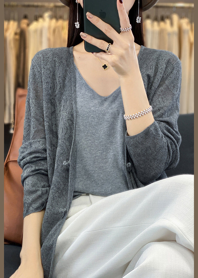 Grey Cozy Knit Cardigans V Neck Long Sleeve