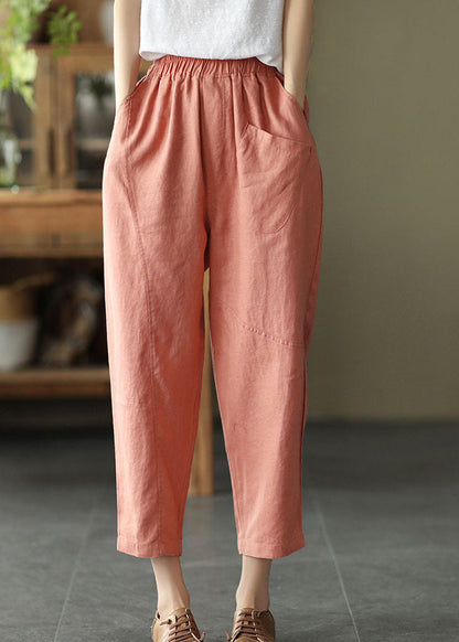 Pink Elastic Waist Pockets Linen Crop Pants Summer