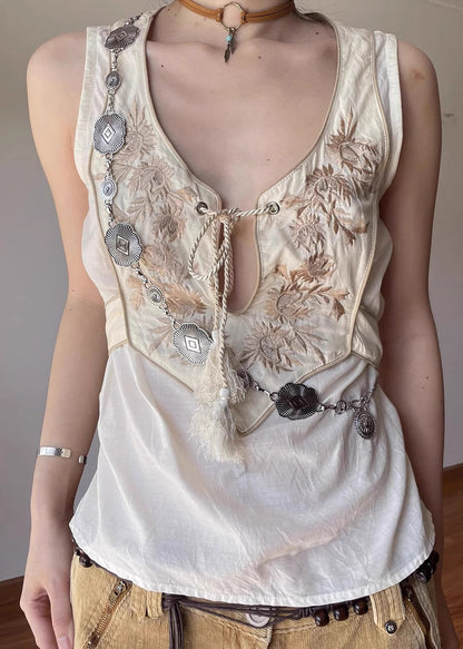 Diy White Embroidered Patchwork Cotton Vests Summer