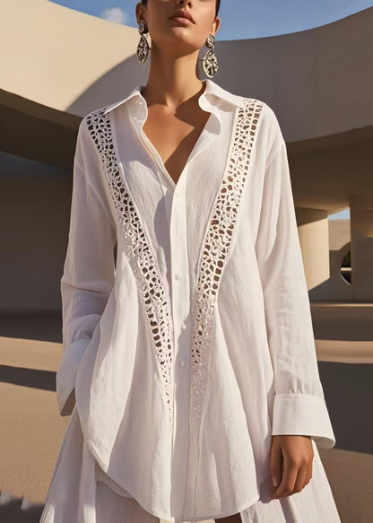 White Oversized Patchwork Hollow Out Cotton Shirts Spring
