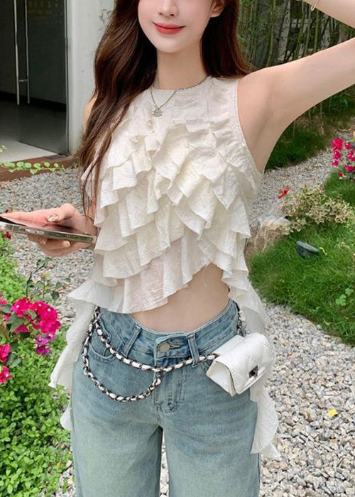 White O-neck Ruffled Cotton Tops Sleeveless