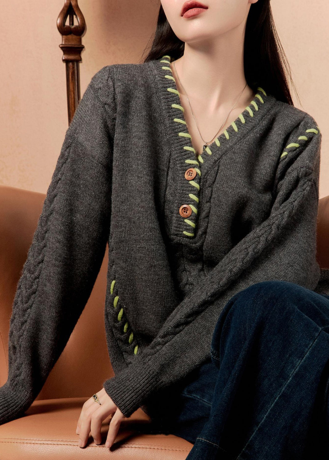 Dark Gray V Neck Cable Cotton Knit Sweater Winter