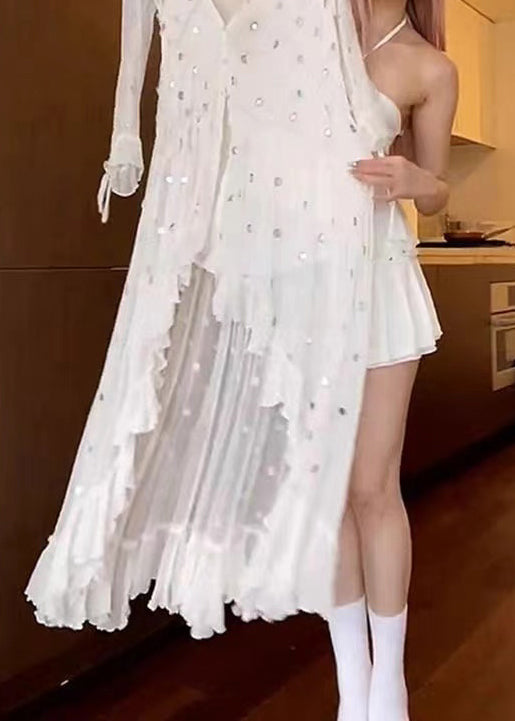 White V Neck Asymmetrical Design Sequins Dresses Long Sleeve