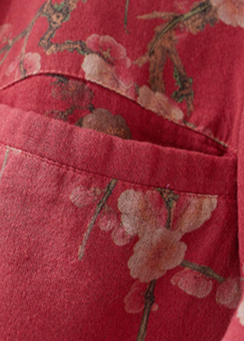 Red Pockets Print Lace Up Fine Cotton Filled Coat Spring