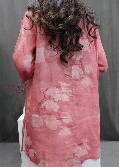 Boutique Purple Print Chinese Button Linen Shirt Summer