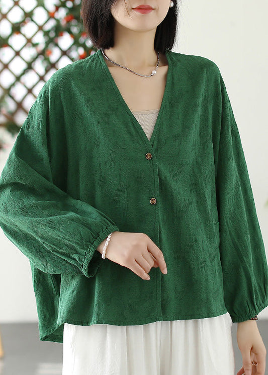 Green V Neck Button Coat Long Sleeve