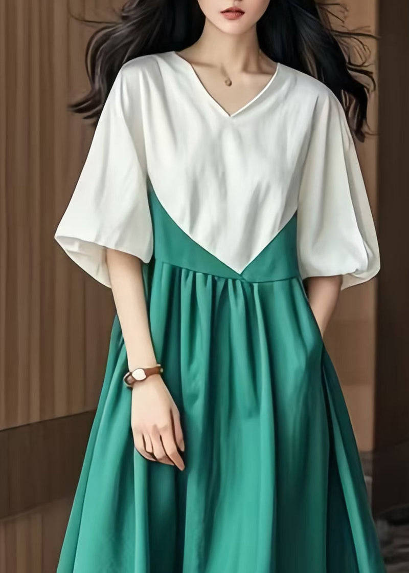 Colorblock V Neck Patchwork Cotton Robe Dresses Lantern Sleeve