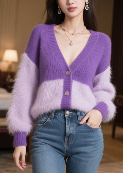 Purple Oversized Patchwork Knit Loose Coats Winter
