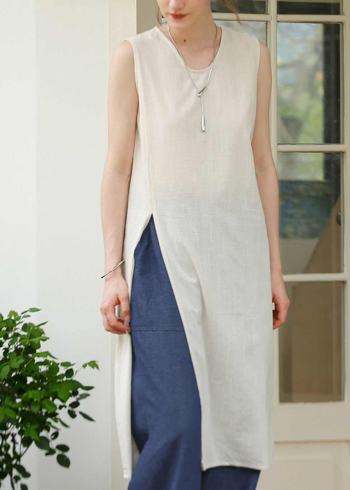 Fine Apricot O Neck Side Open Cotton Dress Sleeveless