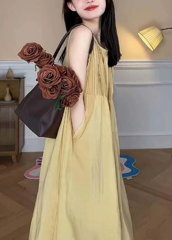 Yellow O Neck Pockets Cotton Long Dress Sleeveless
