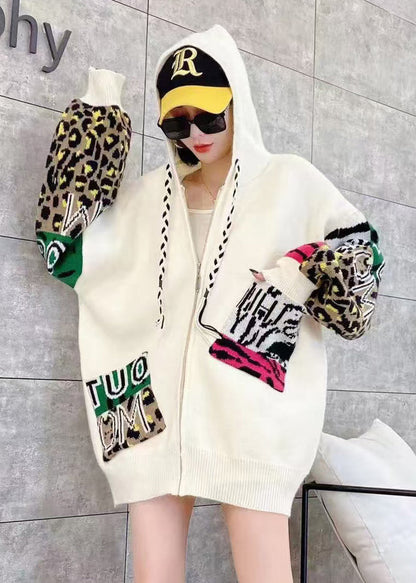 White Zippered Hooded Graphic Knit Coat Spring